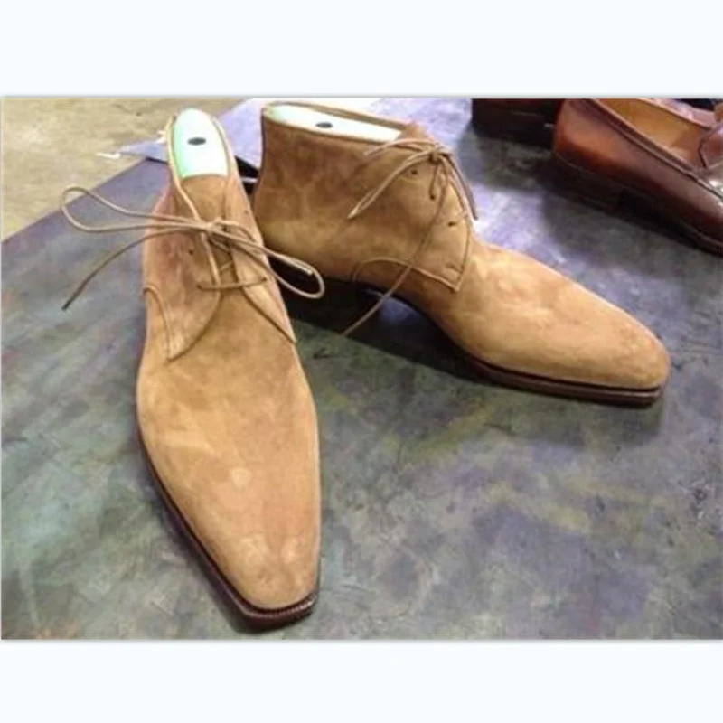 

New Men Fashion Business Casual Daily All-match Dress Shoes Handmade Khaki Faux Suede Classic Wingtip Lace-up Ankle Boots ZZ415