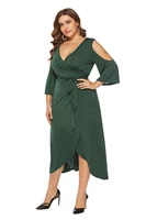 cocktail dresses plus size short sleeved slits v neck solid color elegant irregular calf length high waist green casual party