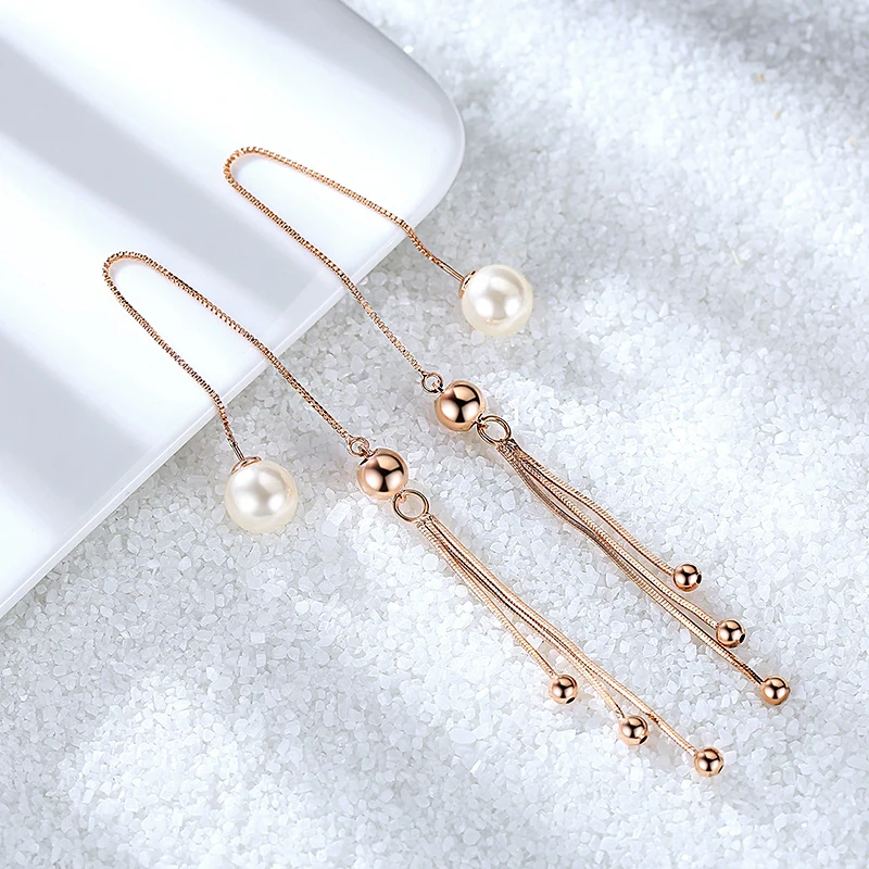 Висячие серьги из розового золота с имитацией жемчуга длинные серьги-цепочки