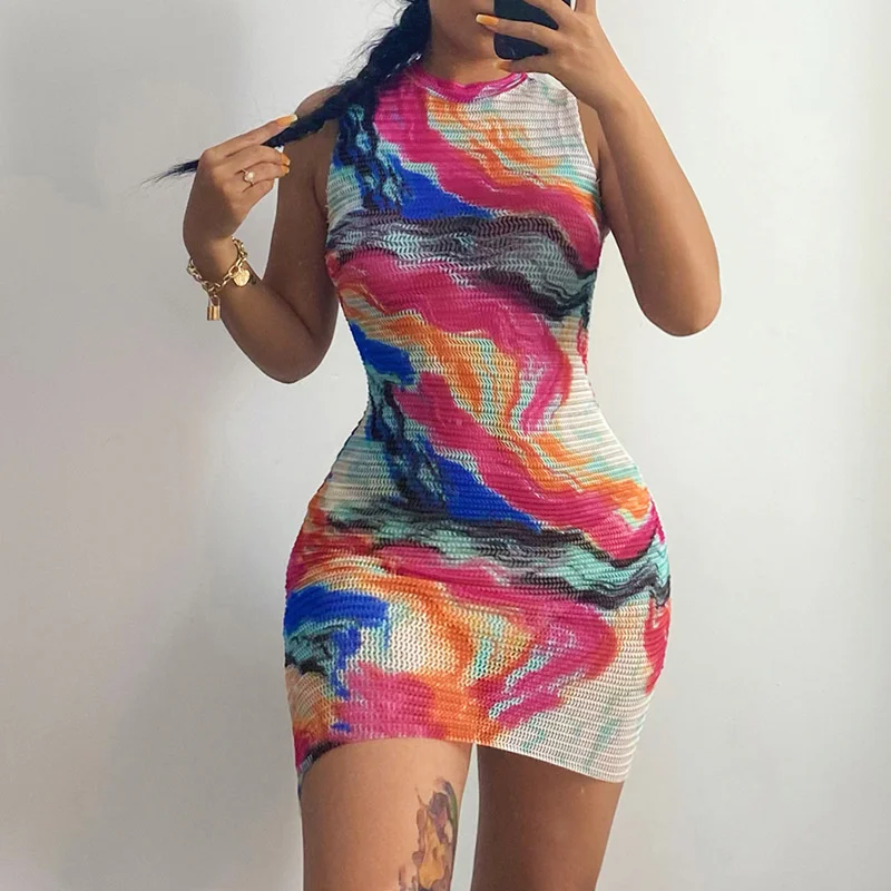 

Aushiya Printed Off Shoulder Summer Dress For Women 2021 Sleeveless O-Neck Bodycon Dresses Sexy Clubwear Skinny Female Vestidos