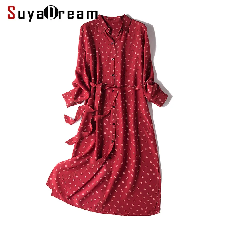 Женское платье рубашка SuyaDream элегантное из 100% шелка с длинными рукавами и поясом