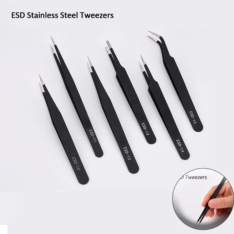 

2/6pcs Anti-static ESD Stainless Steel Tweezers Maintenance Tools Industrial Precision Curved Straight Tweezers Repair Tools