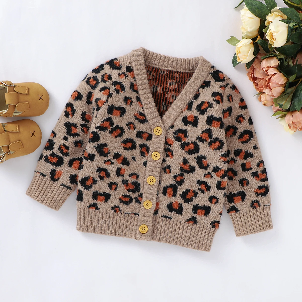 

Baby Girls Sweaters Cardigans Autumn Brown Leopard Knitted Newborn Bebes Knitwear Tops Winter Long Sleeves Toddler Jackets Coats