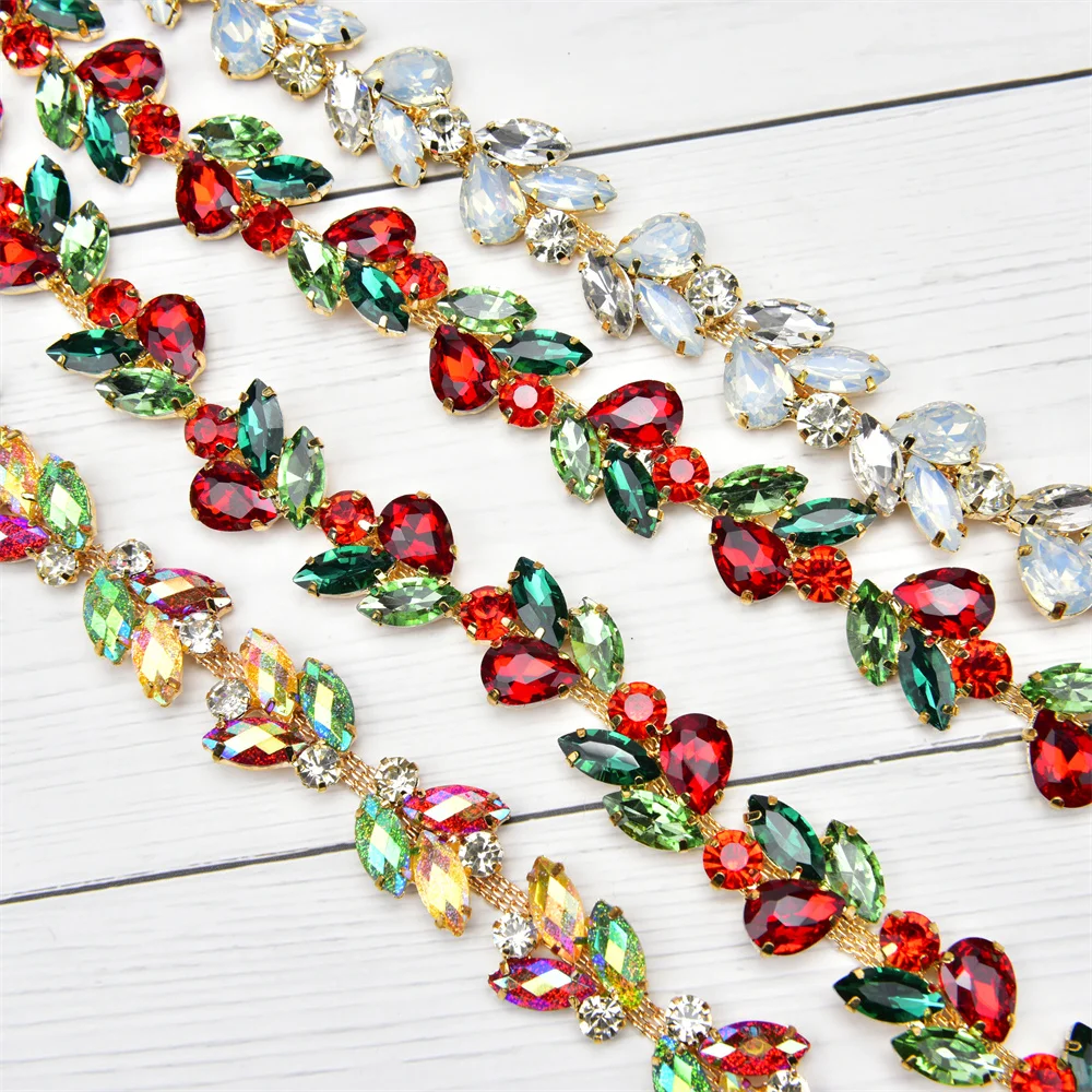 

1 Yard Opal Crystal AB Red Green Color Glass Rhinestone Gold Metal Chain Flower Trim Sew on Applique DIY Clothing Accessories