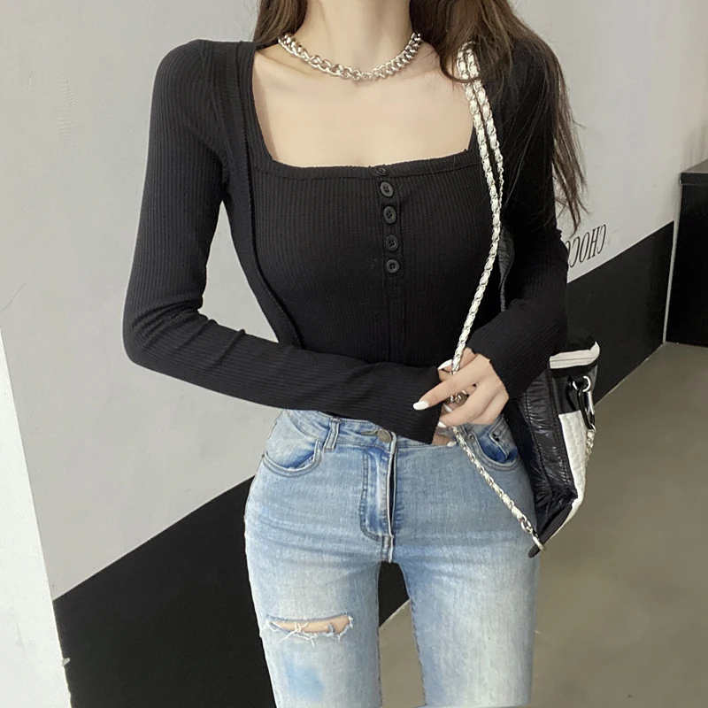 

HKCP SexyT-shirt Button Square Neck Long-sleeved Fashion Tees Bottoming Shirt Autumn Solid Color Short Top Women 2020 New