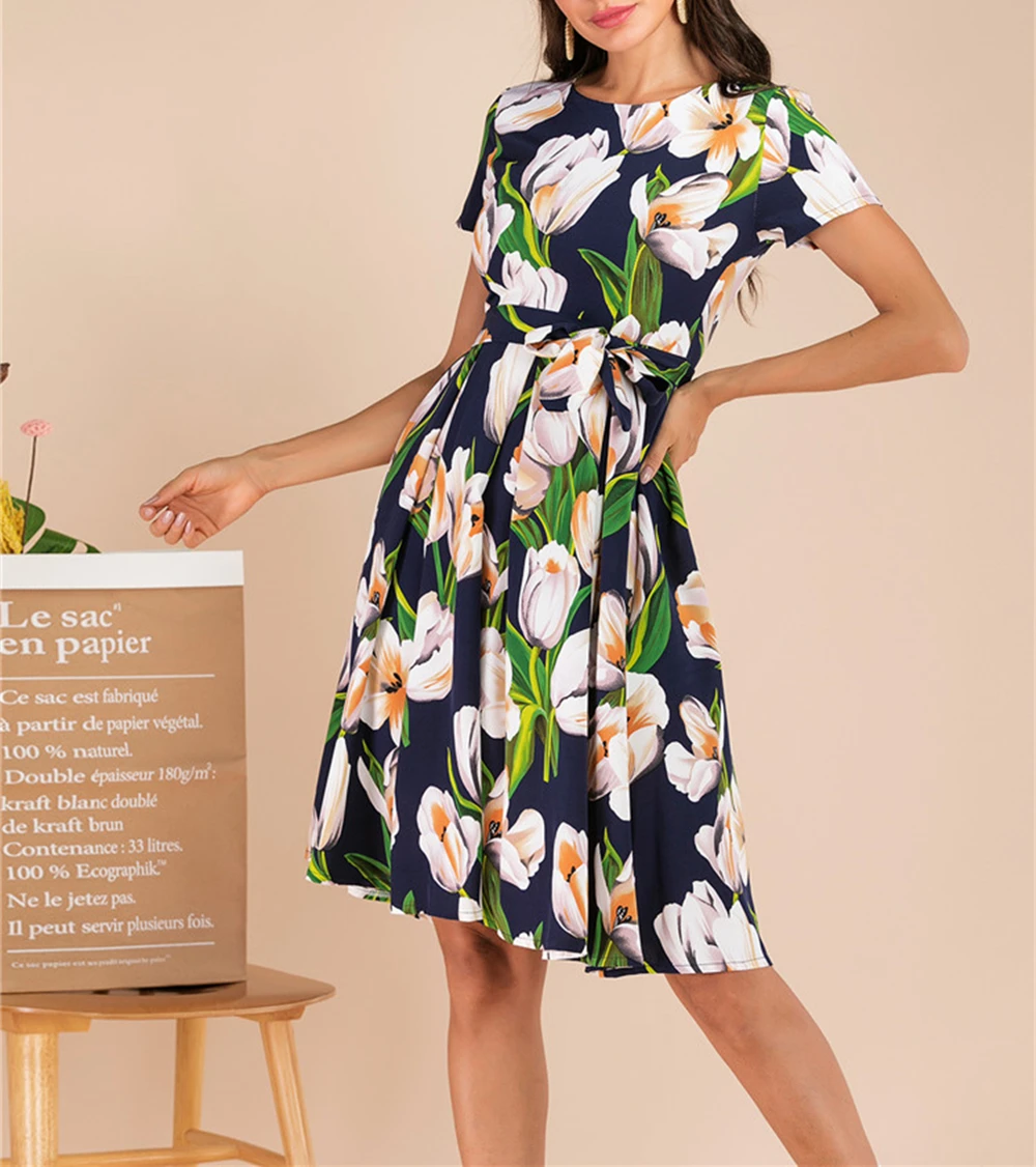 Женское пляжное платье с цветочным принтом Повседневное миди трапециевидной