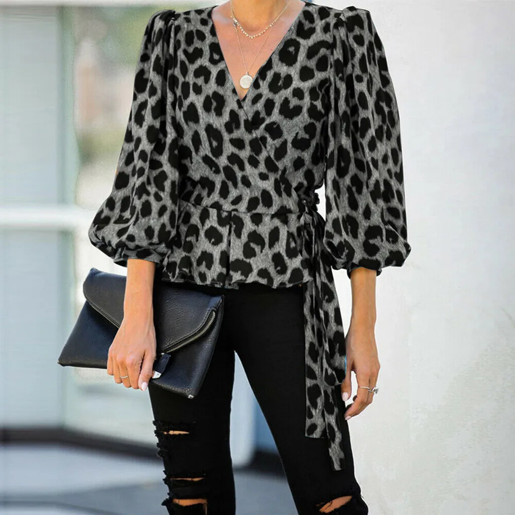 Новинка 2020 женская рубашка с леопардовым принтом топы длинным рукавом и v
