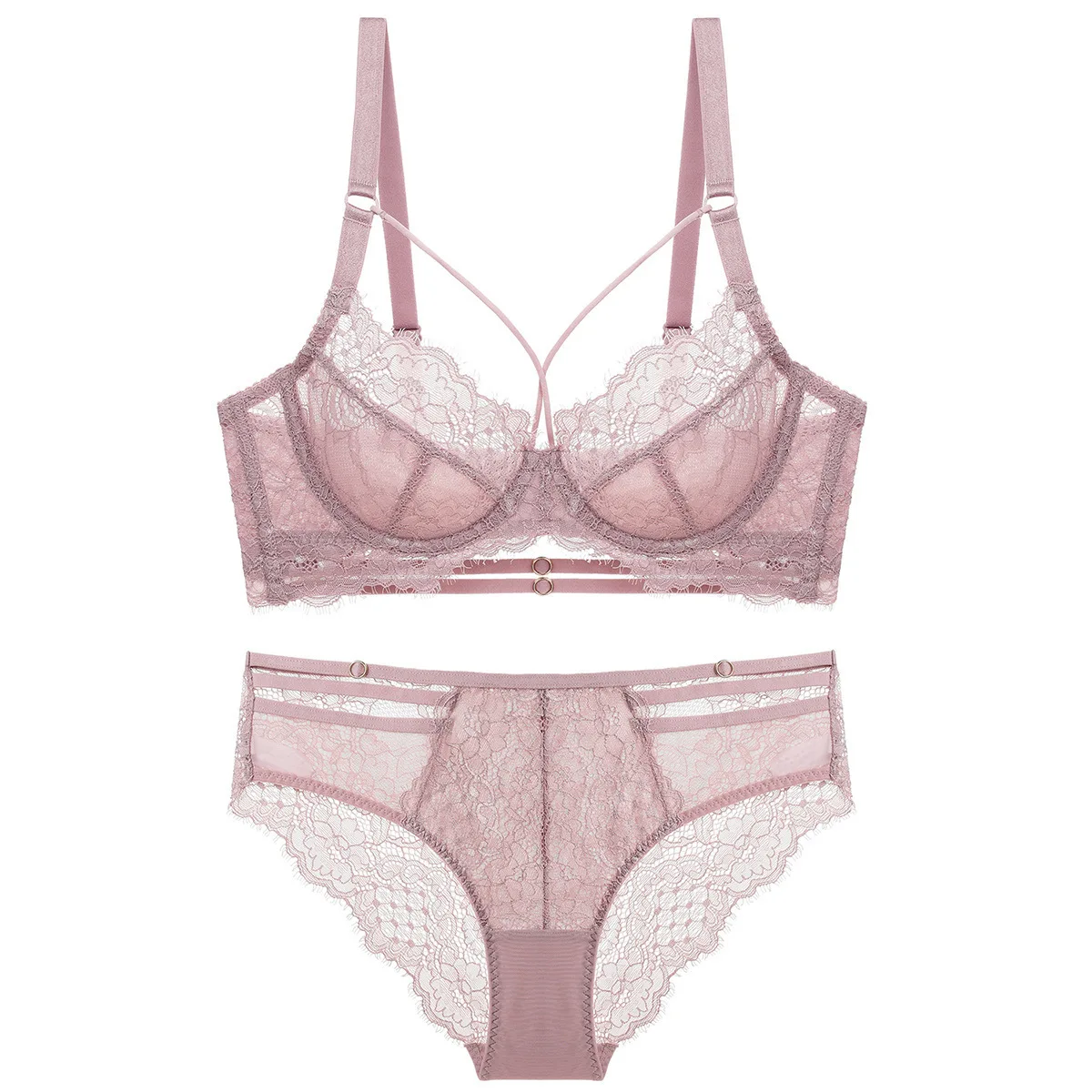 Women's New Style Big Breasts Show Small Bra Set Sexy Lace Ultra-thin No Sponge Transparent Bra Ladies Underwear