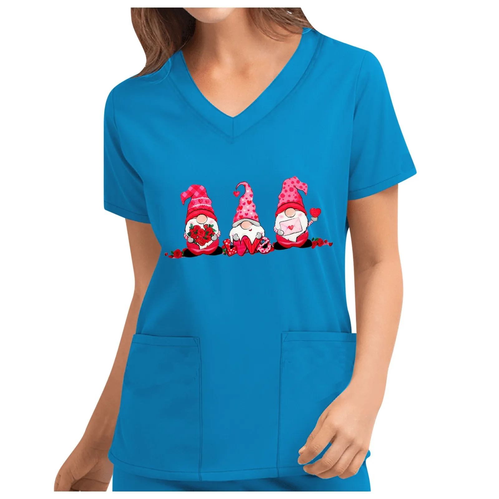 

Cartoon Nursing Uniform Workout Suit for Women V-neck Short Sleeve Summer Uniform Tops Scrubs Workwear with Big Pockets