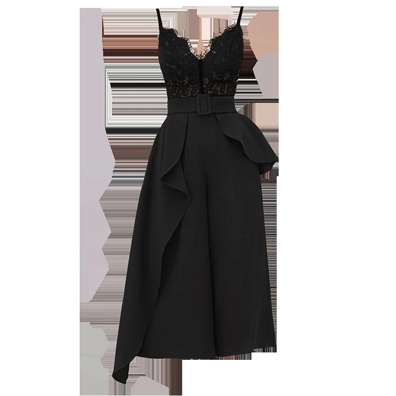 

Woman Party Night Sexy Spaghetti Strap Dress Women Sheer Corset Cocktail Club Dresses Black Lace Patchwork Off Shoulder Dress