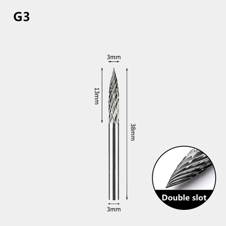 

Твердосплавный вращающийся напильник типа G, фреза из вольфрамовой стали, коническая дуга, заостренная металлическая Шлифовальная головка G6513M03 G3/4/5, гравировальные инструменты