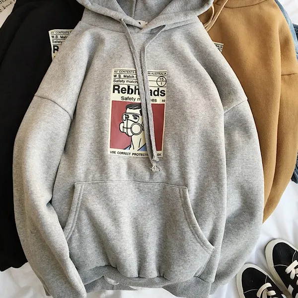 Plus velvet Осенняя Женская толстовка, одежда в Корейском стиле Ulzzang Harajuku, свободные свитшоты с принтом, Женские флисовые свитшоты с капюшоном и длинными рукавами - Цвет: Plus velvet