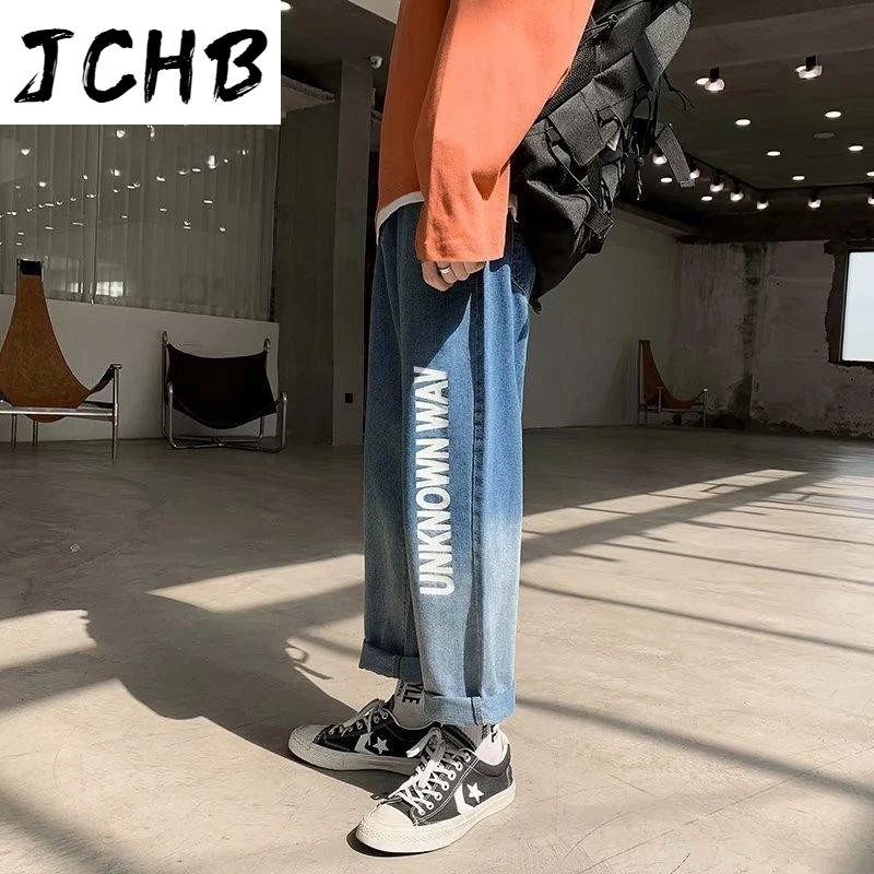 

2021 Mens Jeans Slim Fit Stretch Gradient Summer Pants Denim Fabric Straight Leg Letter Print Men Trousers Hip Hop Menswear S-3x