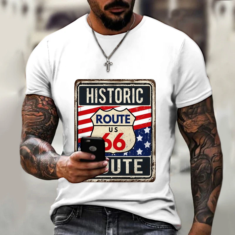 

New Summer Mens T Shirts Oversized Loose Clothes Vintage Short Sleeve Fashion America Route 66 Letters Printed O Collared Tshirt