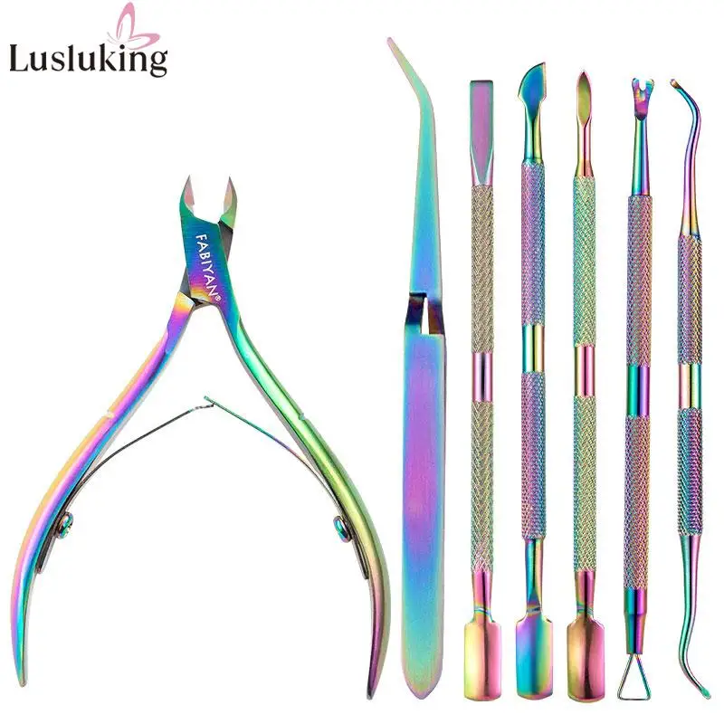Rainbow Stainless Steel Nail Art Tools Cuticle Spoon Pusher Dead Skin Fork Gel Remover Nipper Tweezer Pedicure Manicure Set