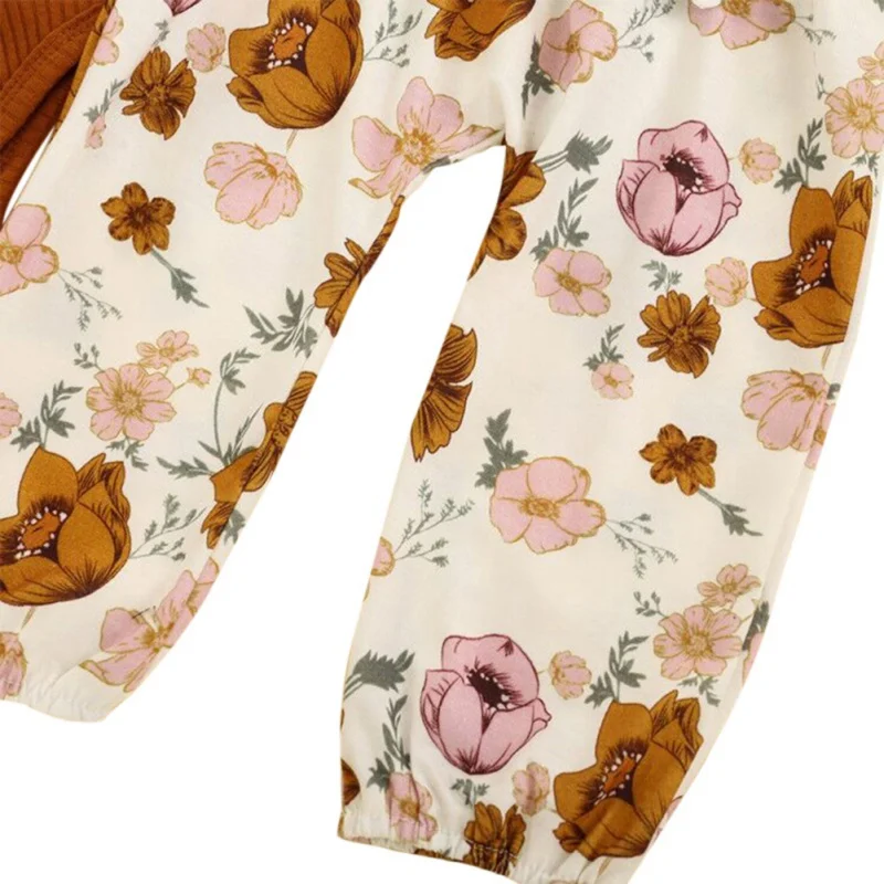 

Spring Baby Girl Long Sleeve Solid Color Romper Tops+Floral Trousers+Headband Outfits Clothes Hot Sell