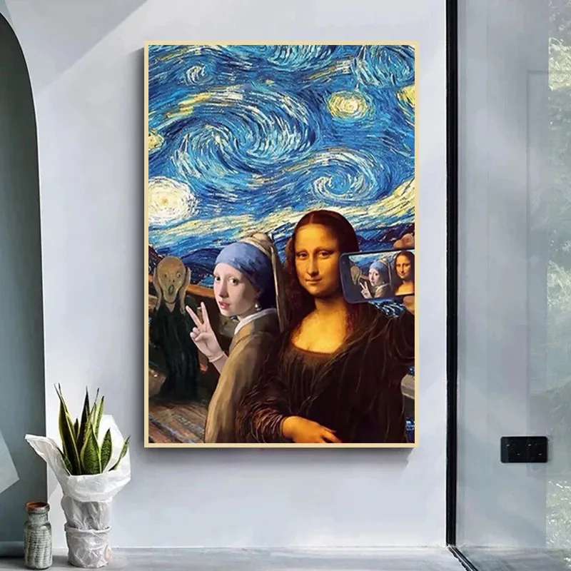 

Pearl Earrings Girl and Mona Lisa Under The Starry Night Canvas Art posters Prints Girls Selfie A photo Wall Painting Decor