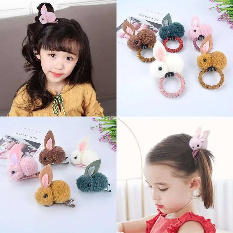 Bola de pelo de animal para ni&ntilde;a, anillo de pelo de conejo, banda de goma el&aacute;stica, bandas para el pelo coreanas, accesorios para el cabello, adornos-0