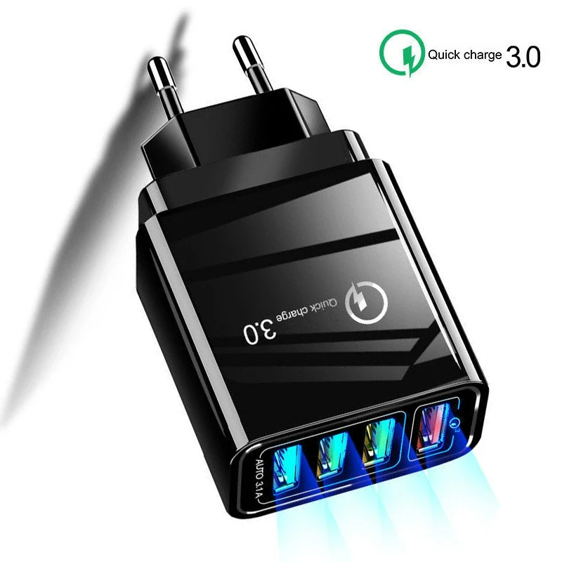 Быстрое зарядное устройство для телефона с разъемом US/EU/UK 4 USB QC3.0 портами