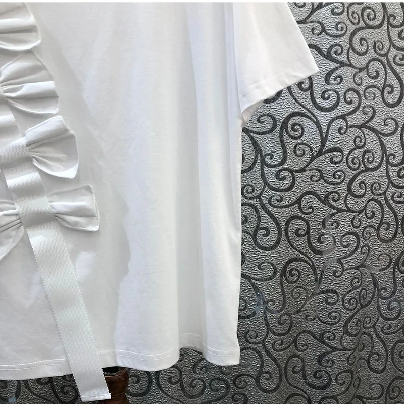 

Free Shipping Casual Heavy Craft Knitting Women's Summer Bow Tie Fashion T-shirt 2020New Women's Summer Short-sleeved T-shirt XL
