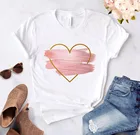 Женская футболка с коротким рукавом, розовая Повседневная футболка в стиле Харадзюку С принтом сердец, уличная одежда с круглым вырезом, топы белого цвета, лето 2021