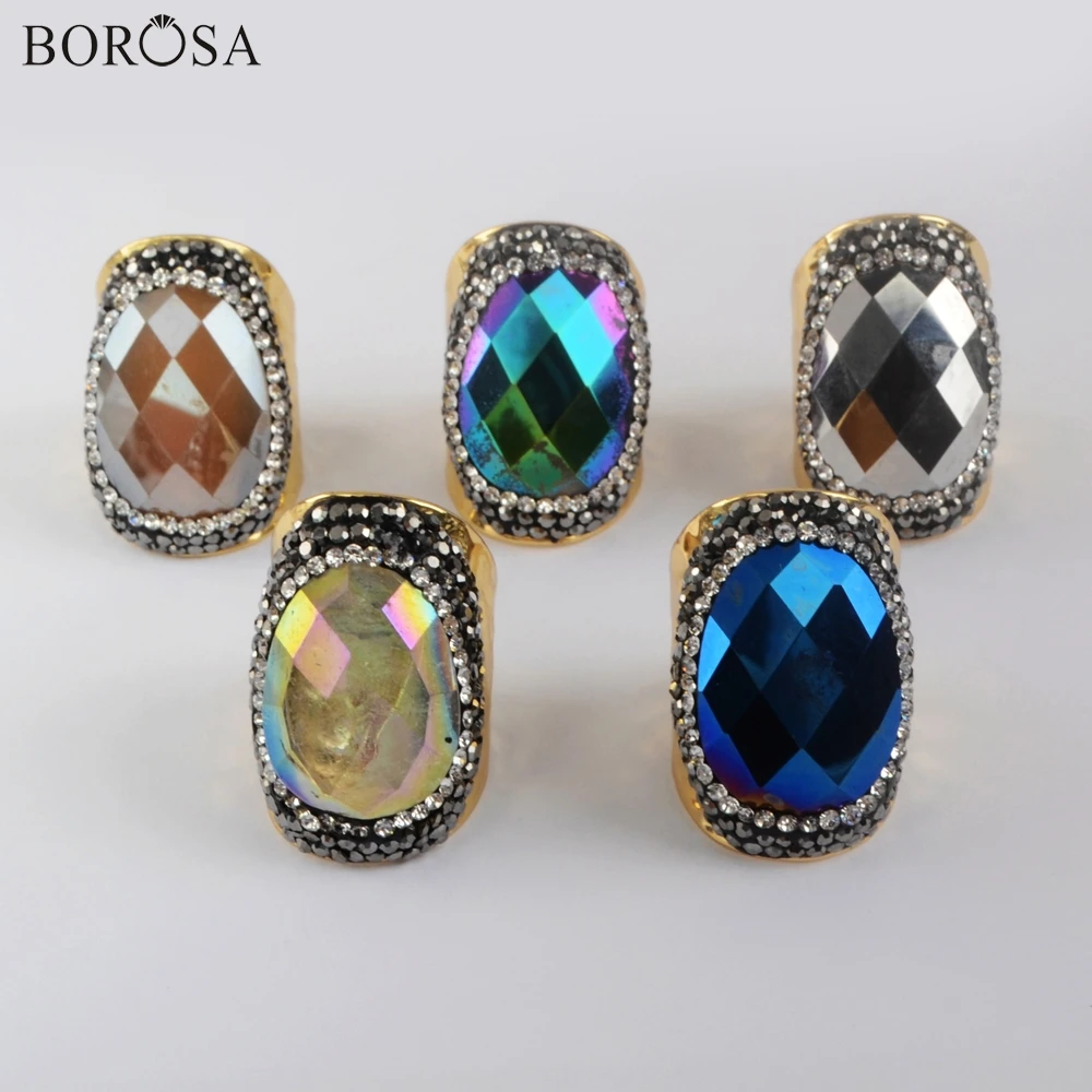 

BOROSA Natural Crystal Open Ring with Rhinestone Pave Gold&Silver Color Hammered Ring Cuff Ring Jewelry for Men Women JAB972