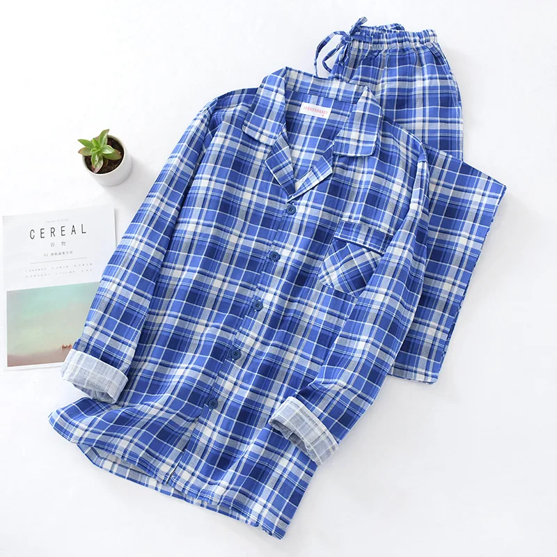 Мужской Хлопковый марлевый клетчатый Пижамный костюм осенняя тонкая пижама с