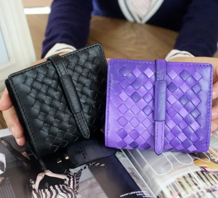 Тонкий короткий кошелек из овечьей кожи Женская тканая Сумочка затягивающийся