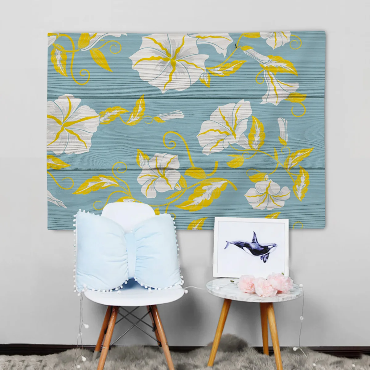 Винтажный деревянный текстурированный фон с желтыми гобелены цветами настенный