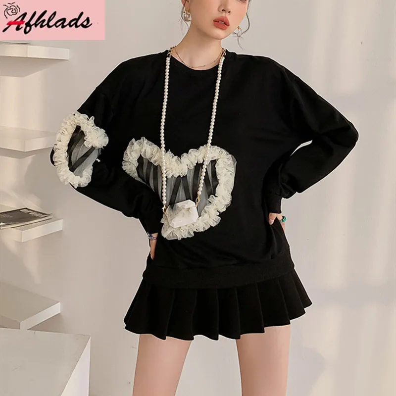

Sweet Mesh Lace Patchwork Black Long Sleeve Round Neck Slimming Tops Autumn And Winter Loose Plus Size Women's Clothing