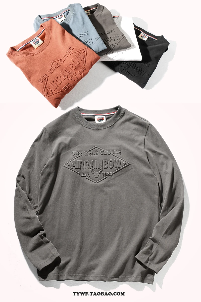 

2020 Autumn New Men's Fashion 100% Cotton Letter Printed T-shirt Long-Sleeved O-neck American Retro Bottoming Shirt T Washed Old