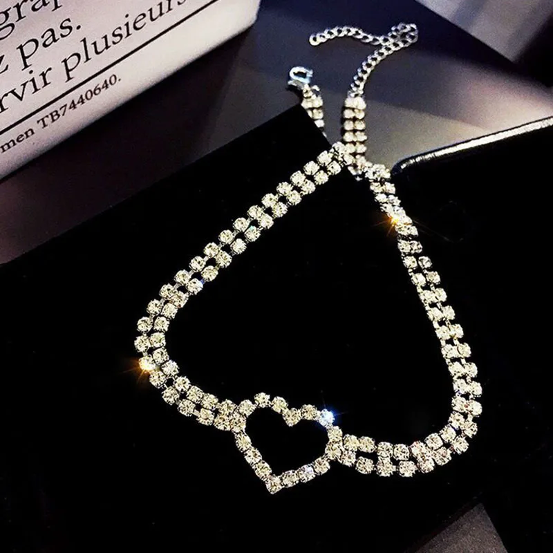 

New Simple Retro Style Diamond Heart Rhinestone Pendant Necklace For Women Korean Fashion Necklaces Party Jewelry Gifts