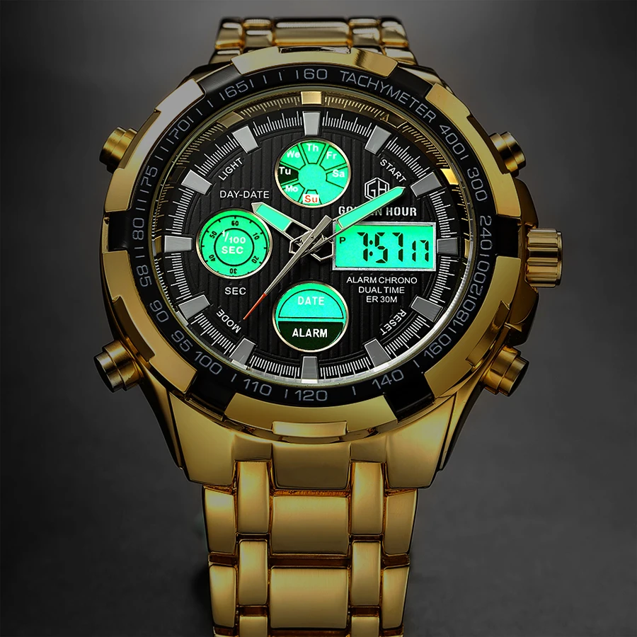 GOLDENHOUR нержавеющая золото мужские кварцевые часы спортивные военные армейские