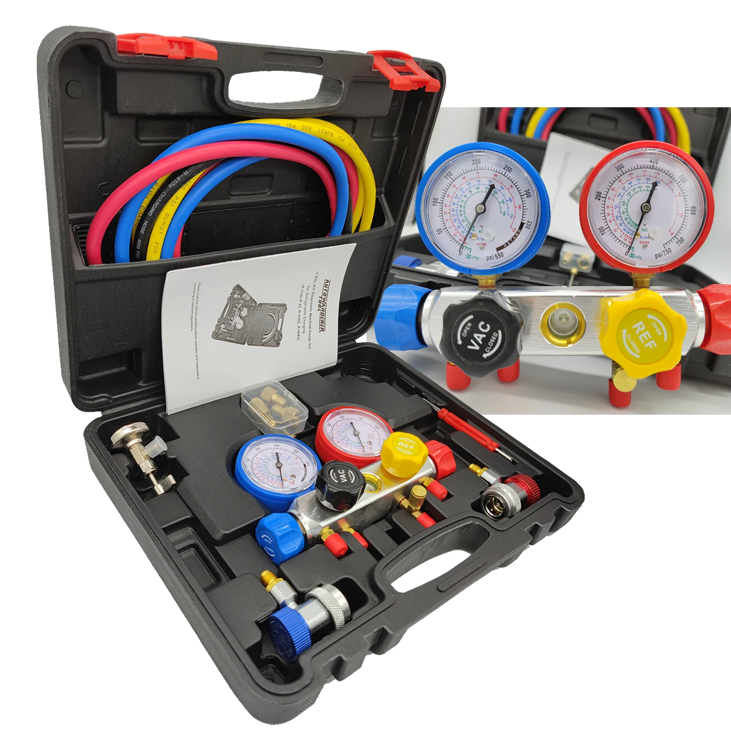 

4 Way AC Manifold Gauge Set R410A R22 R134A HVAC Diagnostic Charging Tool Quick Adapter w/Hose Set + Carrying Case for car use