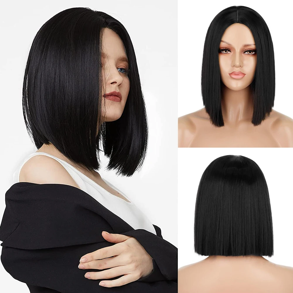 

Short Bob Wig Synthetic Straight Hair Wigs for Women Heat Resistant Black Blue Pink Colorful Cosplay Wig With Middle Hairline