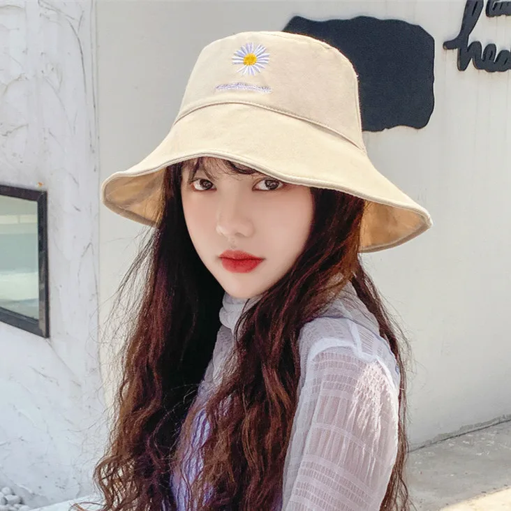 Панама женская хлопковая с вышивкой маргаритки и большими полями|Мужская панама|