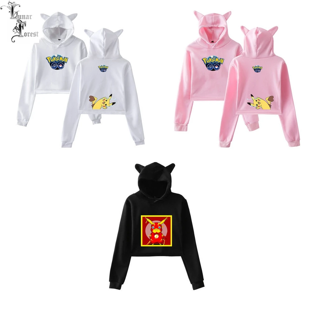 Каваи милый покемон Пикачу печати с длинным рукавом Обрезанные толстовки