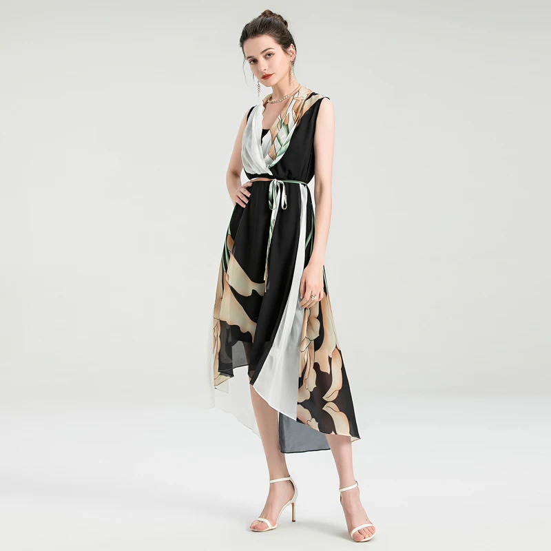 

DIDACHARM Designer 2021 Summer New Print Patchwork Holiday Fashion Party Vintage Elegant Chic V-Neck Women'S Midi Chiffon Dress