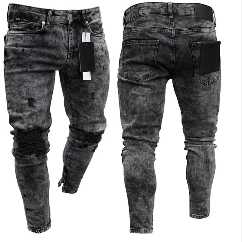 

Men Ripped Skinny Jeans Black Biker Pencil Long Pants Men's Design Sexy Hole Jeans Pants Casual Foot Zipper Trousers