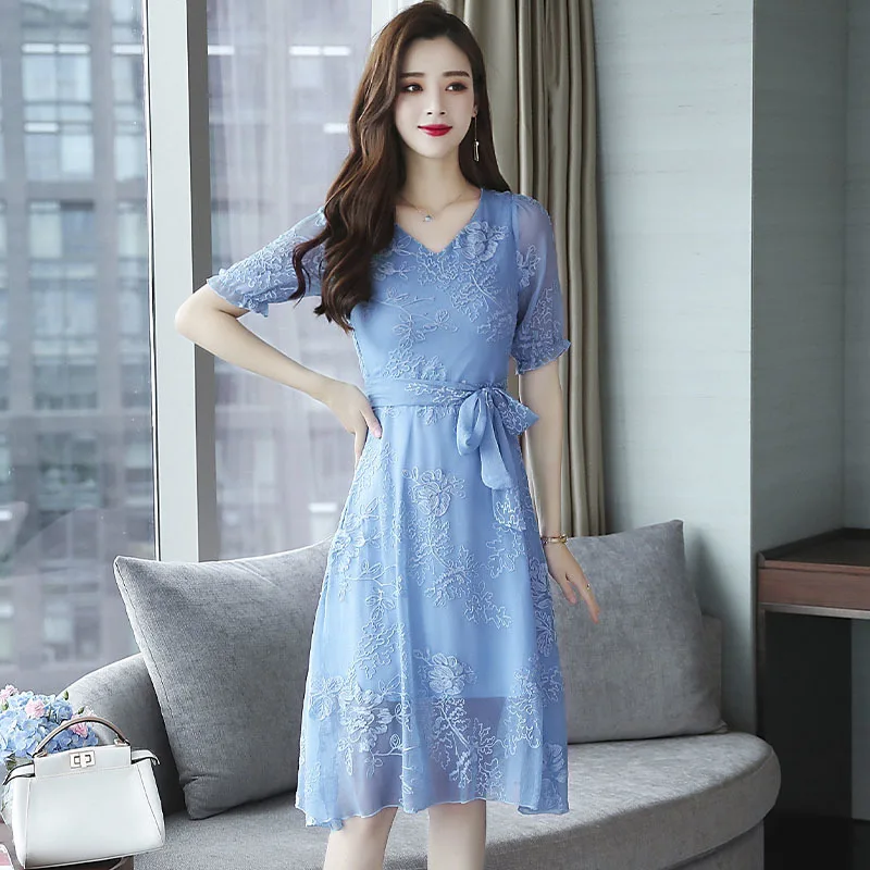 Женское летнее платье 2020 Пляжное синее элегантное Бохо с вышивкой корейское