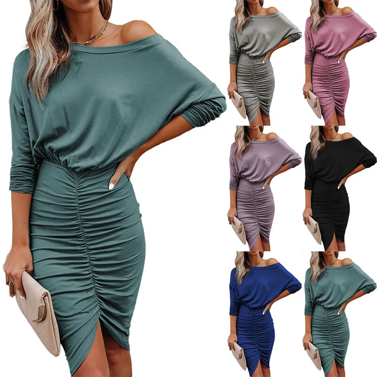 

Aragaki autumn winter dress women's long-sleeved mid-skirt solid color diagonal slim sexy dress vestido de mujer DJ011