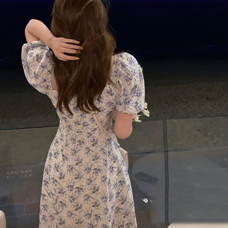 

Temperament Fashion Women's Dress Oversized Puff Sleeve Floral Dresses Lacing Square Collar Chiffon Long Skirt Travel Party 2021