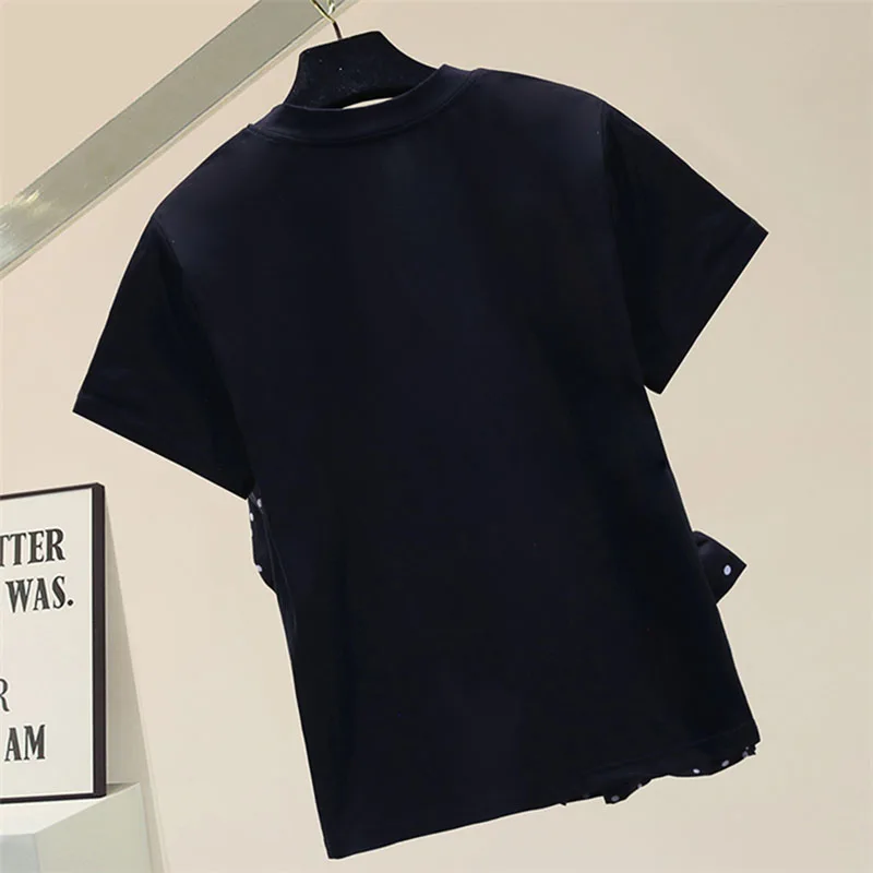 

2021 Summer Trend White T Shirt Fashion Girls Casual Patched Chiffion Wave Piont Three-dimensional Decoration Women Tees