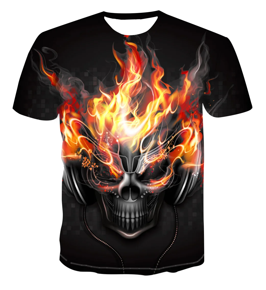 

3D digital printing ghost doll skull horror element casual collarless T-shirt men's trendy brand pullover short-sleeved mesh top