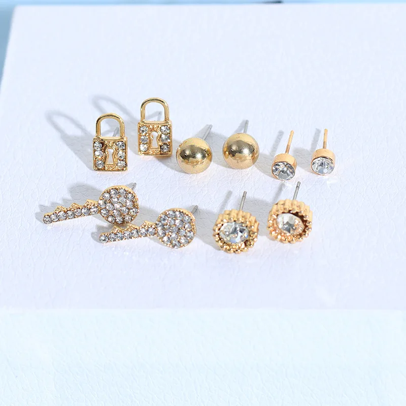 5 Pairs Women Metal Lock and Key Small Stud Earrings Sets Girl Child Ball Geometric Mini Ear Nails Kits Earring Jewelry | Украшения и