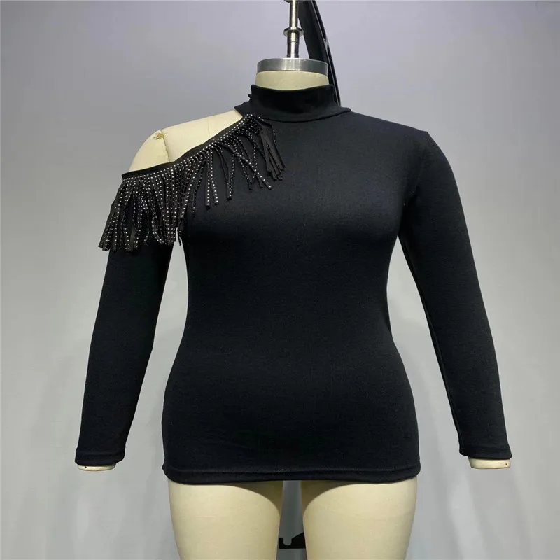 

2020 Autumn Winter Women Elegant Solid Color Blouses Sexy Off Shoulder Tops Fashion Tassel Long Sleeve Turtleneck Pullover Lady