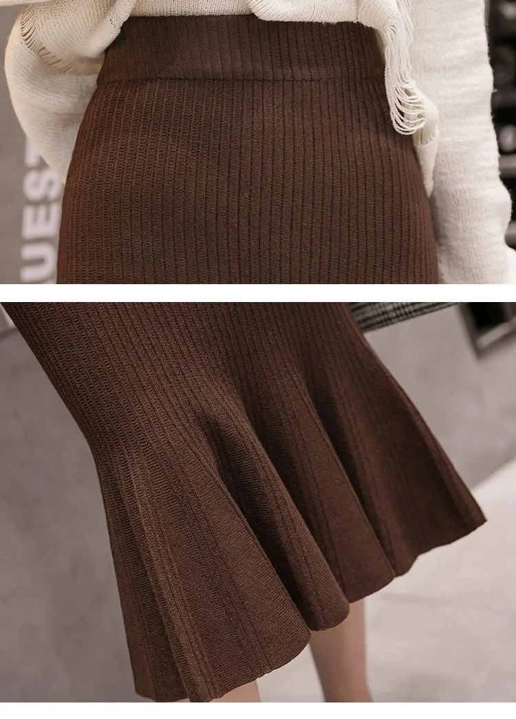 New Elegant Autumn Winter Knit Skirts Women Sweater Bodycon Mermaid Office Lady Work Wear Ruffles Skirt Chic saias faldas