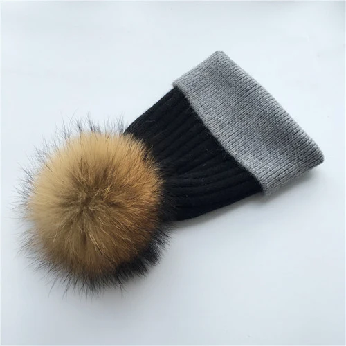 Black-grey N Зимняя шапка, модная шапка с натуральным мехом, женские шапки с помпоном, кашемировый шерстяной вязаный берет, меховая шапка с помпоном, шапка с большим мехом енота - Цвет: Black-grey N