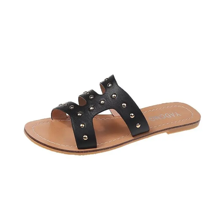 

Shoes Rubber Slippers Rivet Fur Flip Flops Slipers Women Slides Flat Hawaiian 2021 Summer Soft Concise PU Retro Basic Rubber Sli