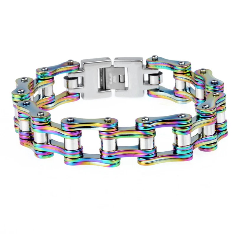 

Модные браслеты на велосипедной цепочке 16 мм для женщин 23 см оптовая продажа радужных цветов браслеты из нержавеющей стали для мужчин новые...